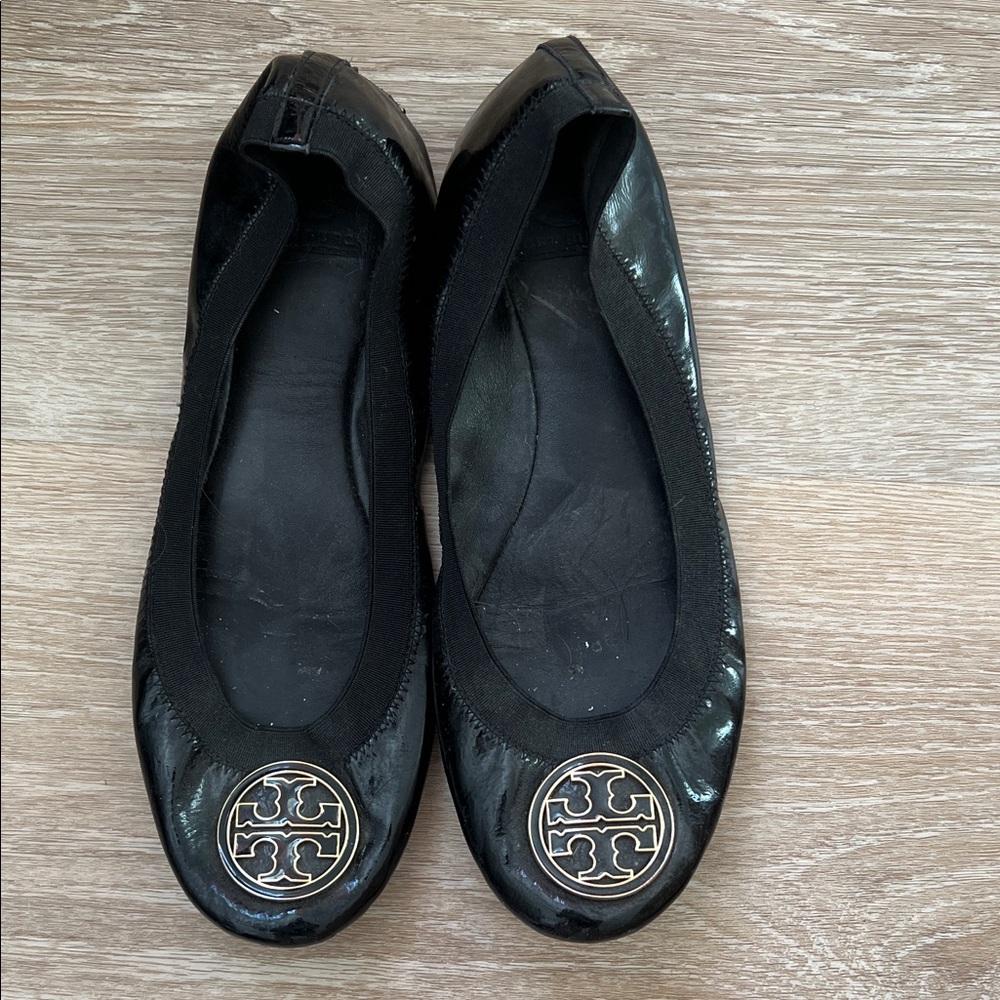 Tory Burch Black Flats with Silver Logo